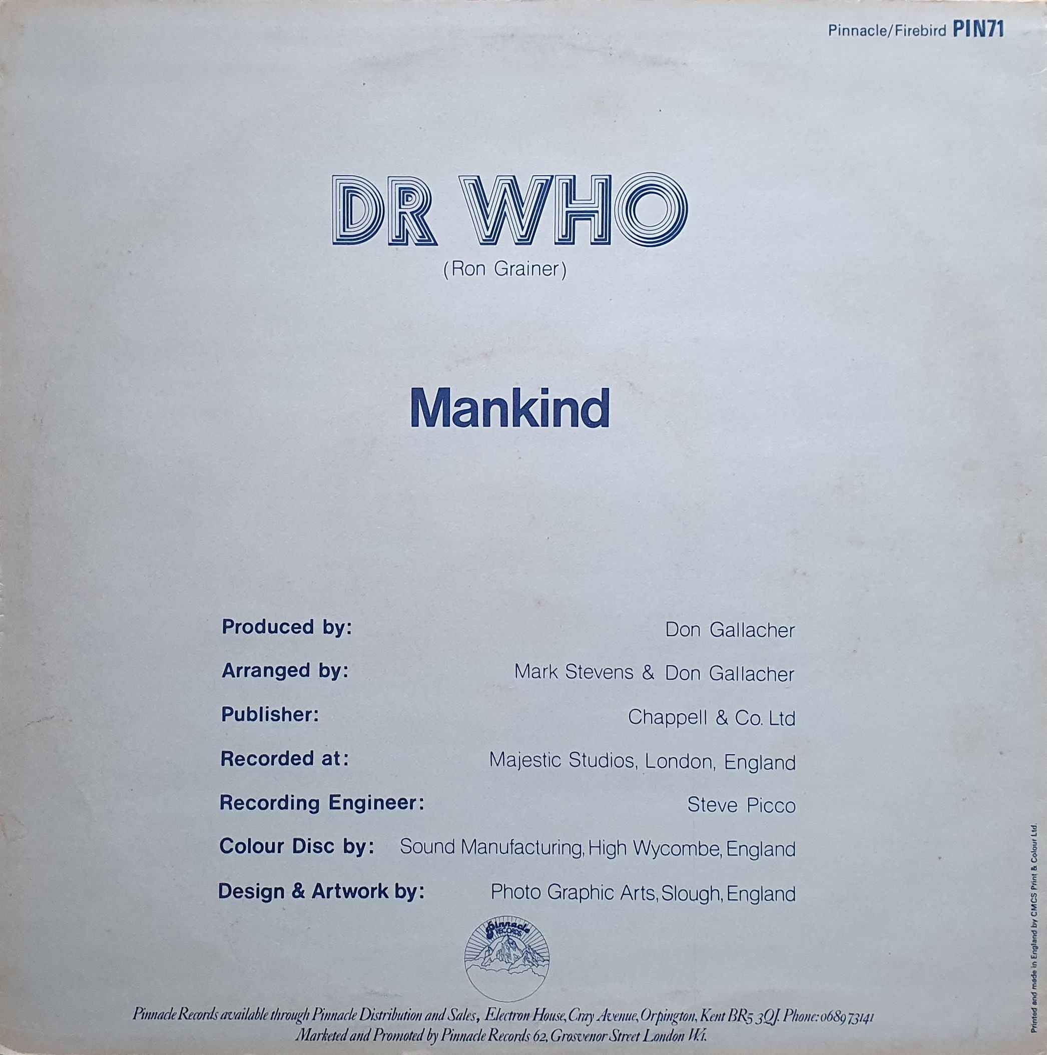 Picture of PIN 71-12 GR Doctor Who (Cosmic remix) by artist Ron Grainer / Mark Stevens / Mankind from the BBC records and Tapes library